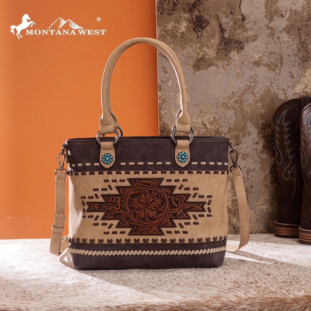 Montana West Western Tooled Aztec Concealed Carry Tote/Crossbody Coffee